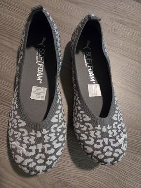 Puma Women's Knit Slip-On Flats in Gray and White Leopard Print